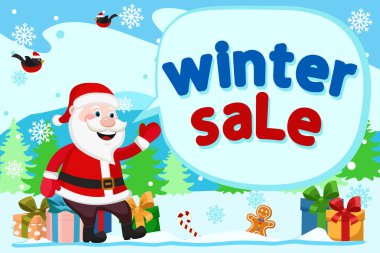 Noel Baba hediye kutuları üzerinde oturur ve elini üzerinde yazıt gösterir. Kış satış.