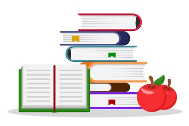 Bir yığın kitap, açık bir kitap ve bir beyaz üzerine iki kırmızı elma.