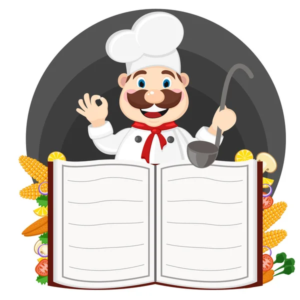 De chef-kok kijkt uit achter het boek voor het menu. — Stockvector