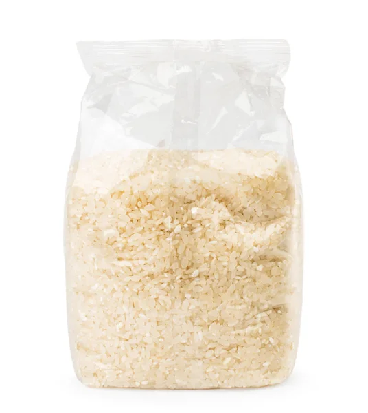 米饭在一个包装上特写镜头上的白色。孤立. — 图库照片