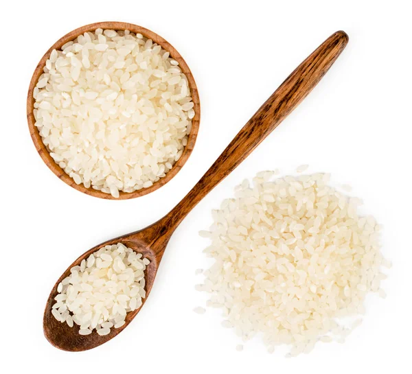 Rice in wooden cookware on a white, isolated. The form of the top. — Stock Photo, Image
