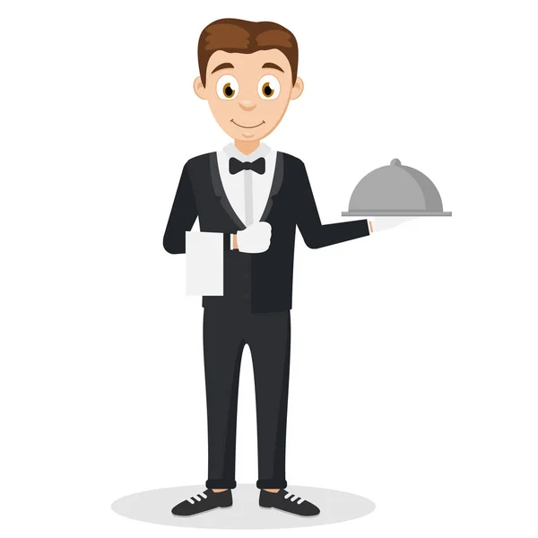 Kelneren i dress holder et brett på et hvitt . – stockvektor
