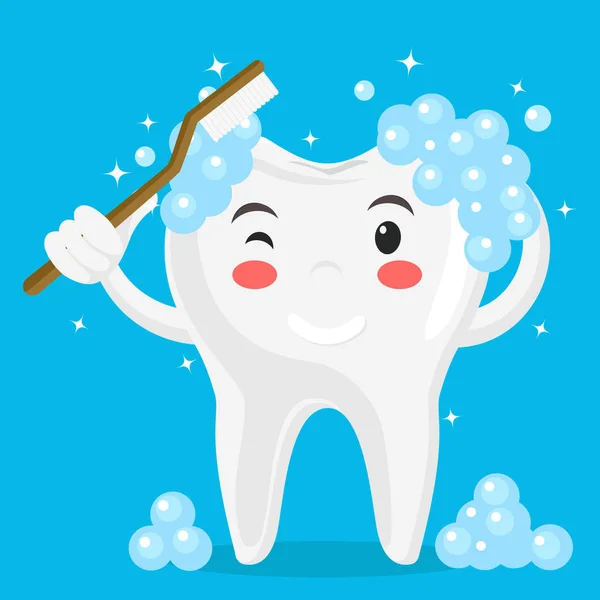 Tooth washes itself with a toothbrush, on a blue. — Stock Vector