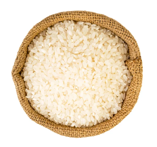 Рис в мешке на белом. Вид сверху . — стоковое фото