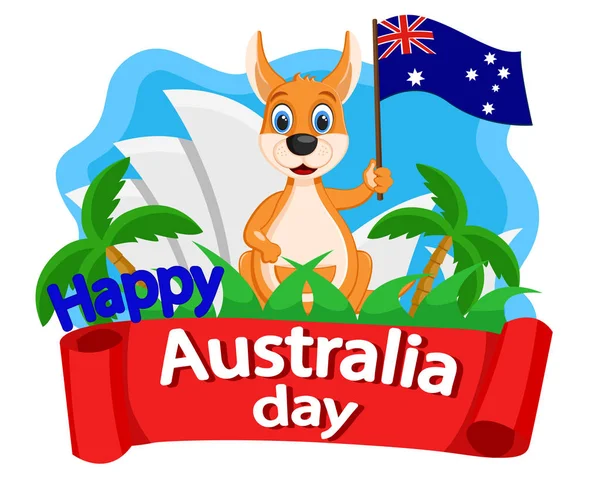 Känguru schwenkt eine Fahne auf dem Hintergrund der Oper. Australischer Tag — Stockvektor