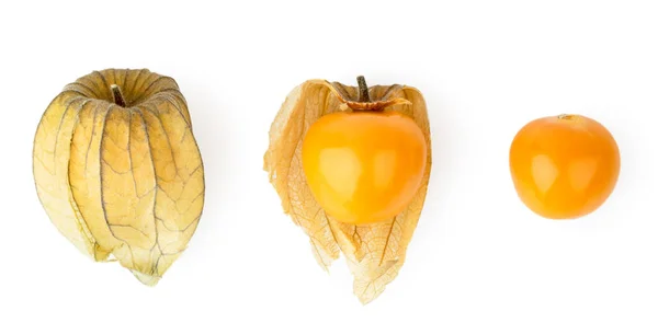 Three physalis in leaves and without on a white. View from the top. — Stock Photo, Image
