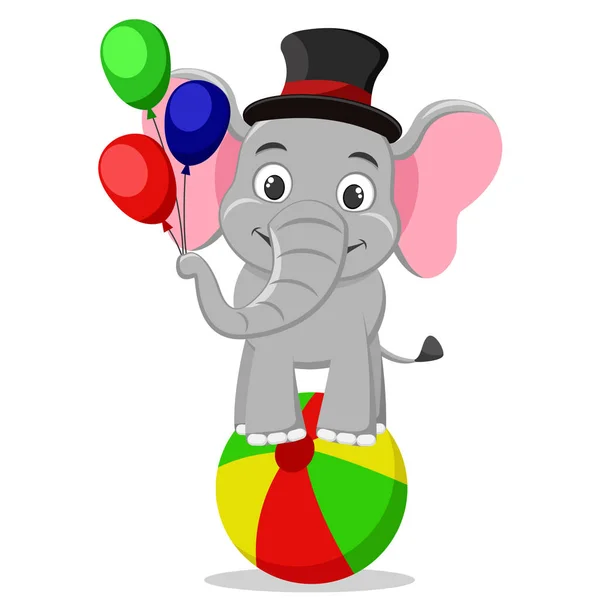 Cyrku słonia w kapeluszu stoi na piłkę i posiada balony na białym. — Wektor stockowy