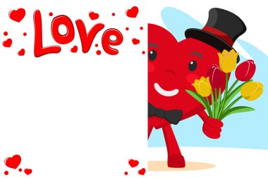 Heart in the hat Peeps out from behind the white shield and holds the flowers. Valentine day vector Heart in the hat Peeps out from behind the white shield and holds the flowers. Valentine day vector