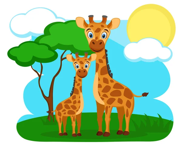 Giraffe und sein Kind sind in der Natur in der Nähe. afrikanisches Tier. — Stockvektor