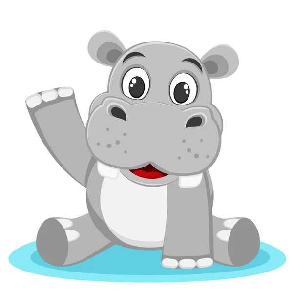 Hippo siedzi w kałuży i machać łapą na białym. — Wektor stockowy