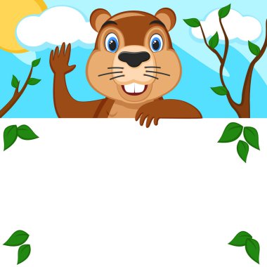 Groundhog looks out from behind a white leaf and waves a paw.
