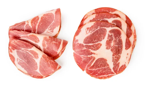 Schweinefleisch in Scheiben wird unterschiedlich auf einem weißen ausgebreitet. die Form des Kreisels. — Stockfoto