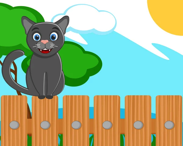 Black cat sitting on a wooden fence. — Stock Vector