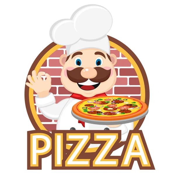 Koch hält Pizza in der einen Hand und die andere zeigt die Klasse. Logo — Stockvektor