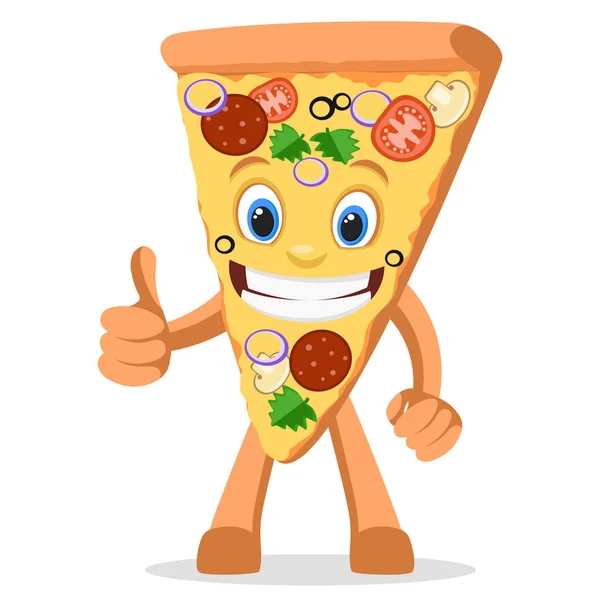 Postać kawałek pizzy z uśmiechem, jak pokazuje na białym. — Wektor stockowy