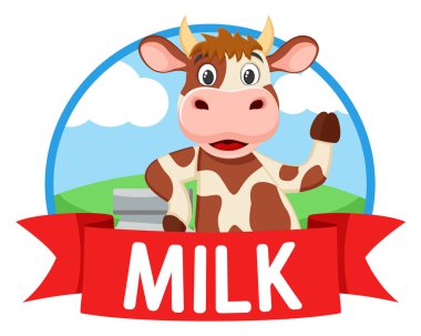 İnek süt arka planda doğa ile betona eğildi. Logo