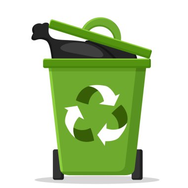 Beyaz bir çöp torbasına ile yeşil çöp kutusu. Ekoloji