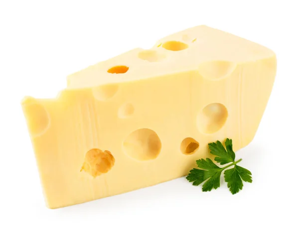 Stukje kaas met een takje peterselie close-up op een wit. Geïsoleerd. — Stockfoto