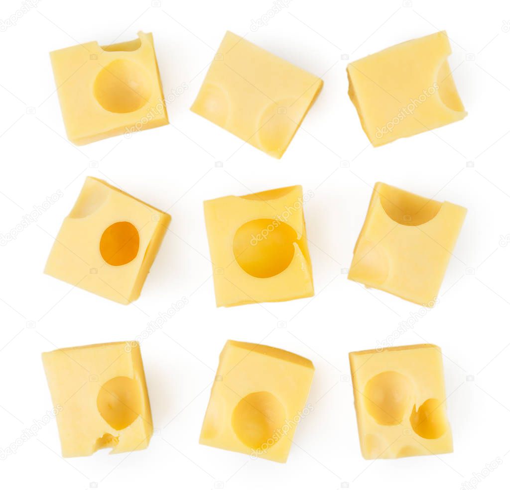 Set of cheese cubes on a white. The form of the top.
