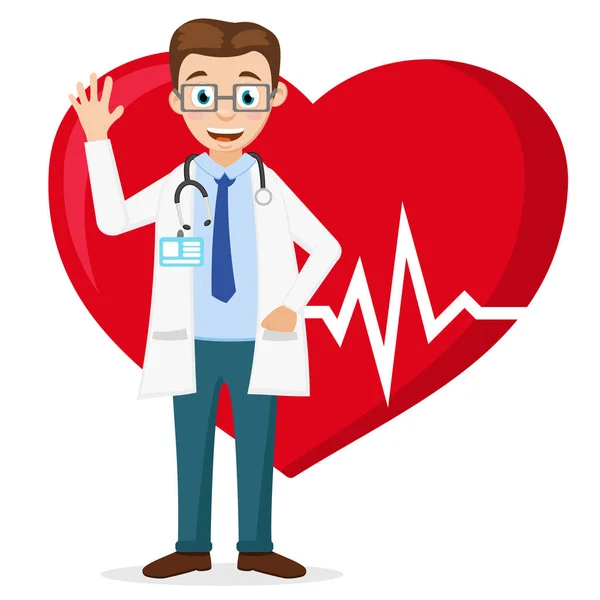 Cardiologo sorride e ondeggia la mano sullo sfondo di un cuore sano . — Vettoriale Stock