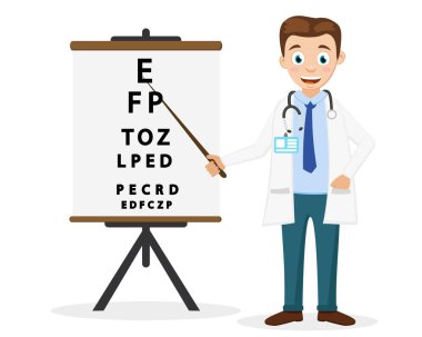 Doktor göz doktoruna beyaz metin işaretçisi gösterir. Göz tetkikleri.