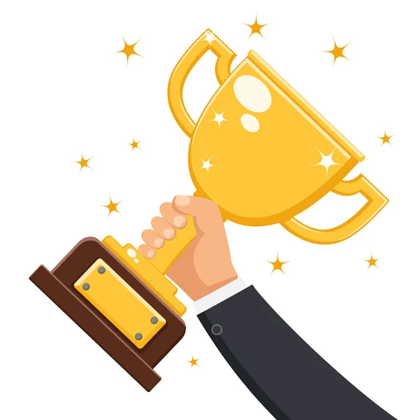 Gold Cup in hand on a white. Prize place. — Stock Vector