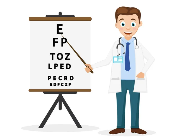 El doctor oftalmólogo muestra un puntero al texto en un blanco. Examen ocular . — Vector de stock