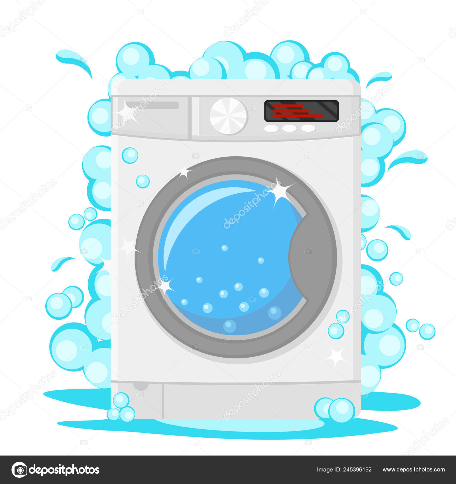 Lavadora con espuma de jabón sobre un blanco . vector, gráfico