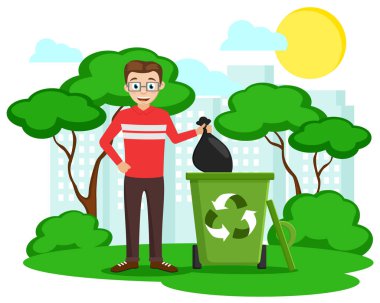 Adam çöp doğa arka plan üzerinde siyah bir çanta atar. Ekoloji