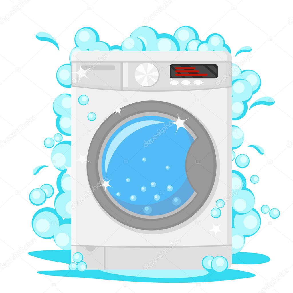 Washing machine with soap foam on a white.