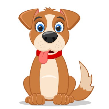 Köpek oturur ve dilini beyaz bir arka plan üzerinde gösterir.