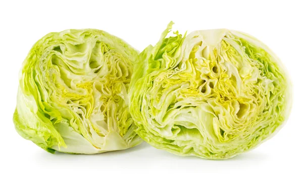 Two halves of iceberg lettuce closeup on a white. Isolated.