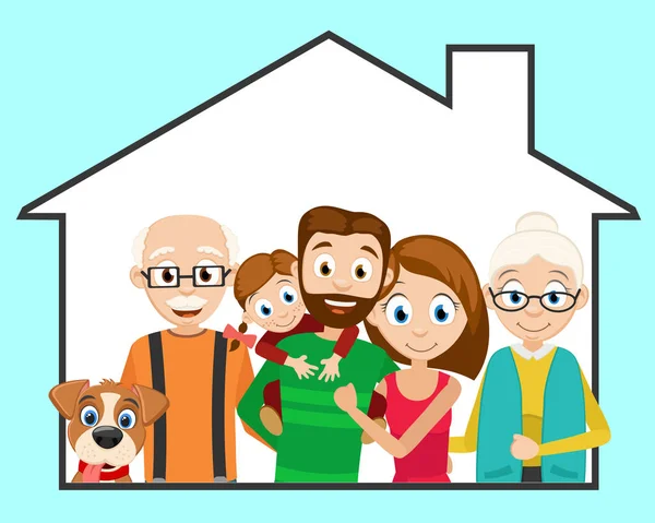 Happy friendly family and a dog in his house. — Stock Vector