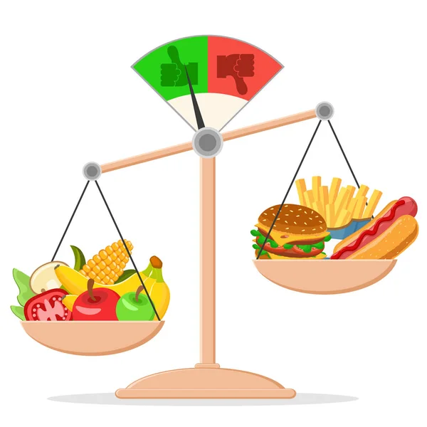 Outweighed on the scales of fruits and vegetables showed green like. Healthy food on a white. — Stock Vector
