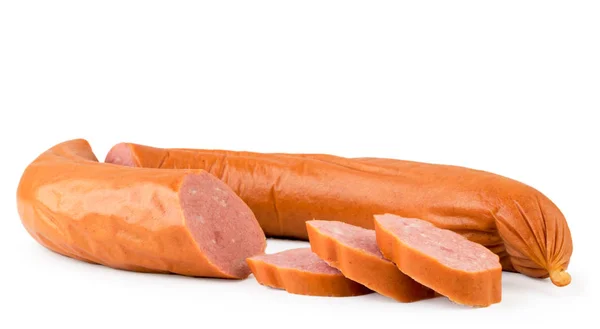 Sausage cut into pieces close-up on a white. Isolated. — Stock Photo, Image