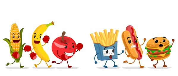 Frutas maduras en guantes de boxeo persiguen comida rápida dañina sobre un fondo blanco . — Vector de stock