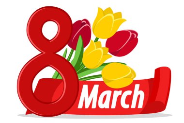 Beyaz bant tebrik ile Lale buketi. 8 Mart