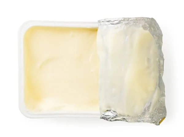 Ömlesztett sajt egy csomag fehér. A képernyő tetején. — Stock Fotó