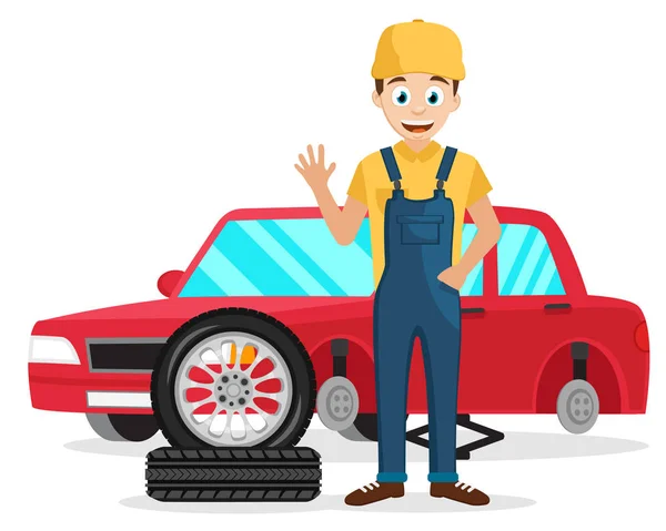 Maestro cambia las ruedas del coche en el neumático en un blanco . — Vector de stock