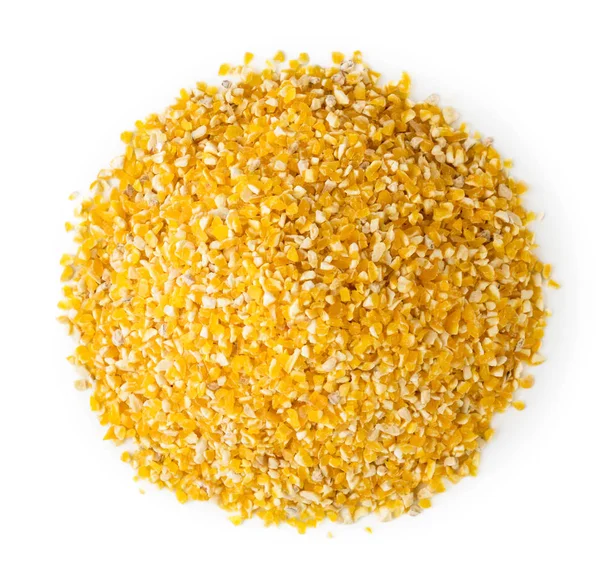 Montón de sémola de maíz sobre un blanco. La forma de la parte superior . —  Fotos de Stock