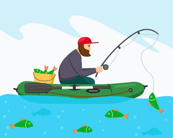Muž rybář na rybářské nafukovací člun. — Stockový vektor