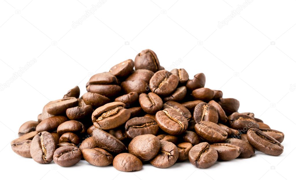 Heap of coffee beans closeup on a white. Isolated.