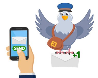 Cep telefonuyla bir beyaz üzerine bir mektup posta güvercini sunar.