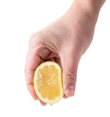 Male hand squeezes lemon juice on a white, isolated. clipart