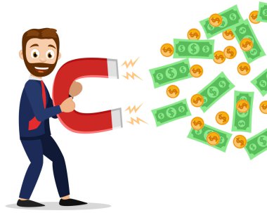 İş adamı büyük bir mıknatıs tutar ve para çekiyor.