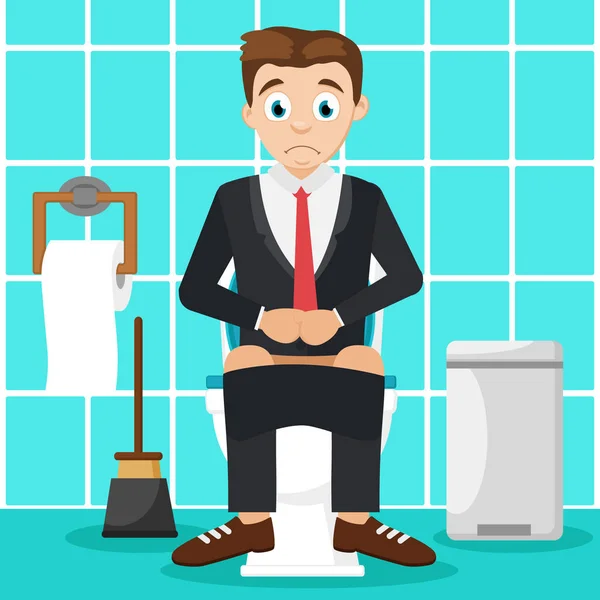 Man zittend op het toilet in de badkamer. Indigestie. — Stockvector