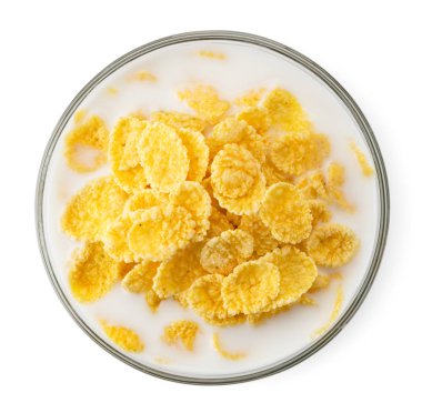 Beyaz bir plaka içinde süt ile Mısır gevreği. Üst formu