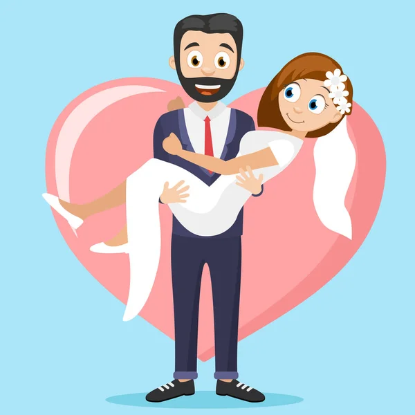 Groom holds the bride in his arms against the background of a big heart. — Stock Vector