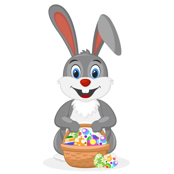 Lapin de Pâques avec un panier complet d'œufs décorés sur un blanc . — Image vectorielle