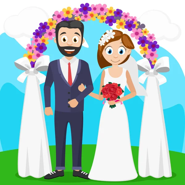 Bride and groom at a ceremony near the arch. Wedding — Stock Vector